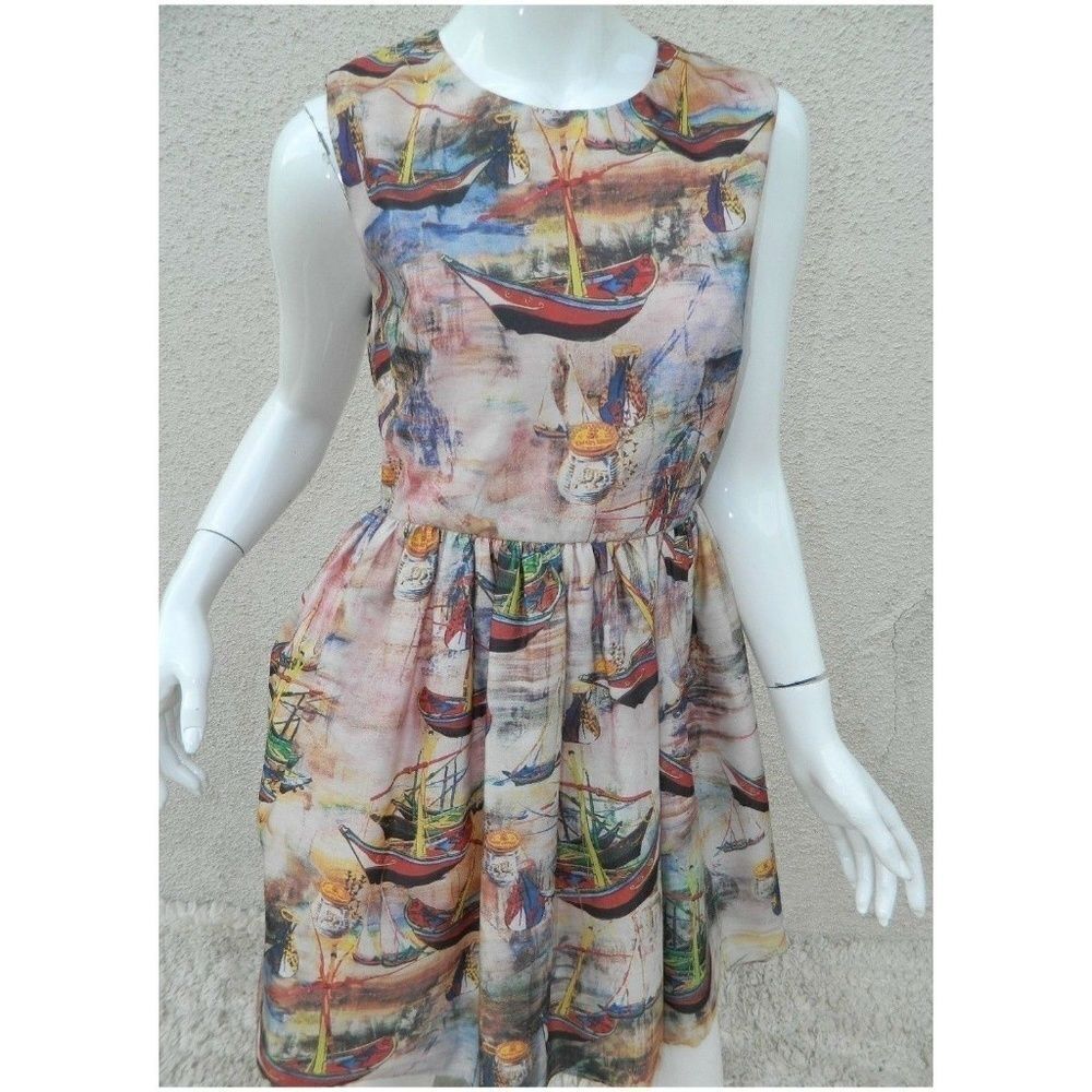 Charm‎ is Bazaar Dress Sailboat Multi-Color Watercolor Skater Dress Size Medium